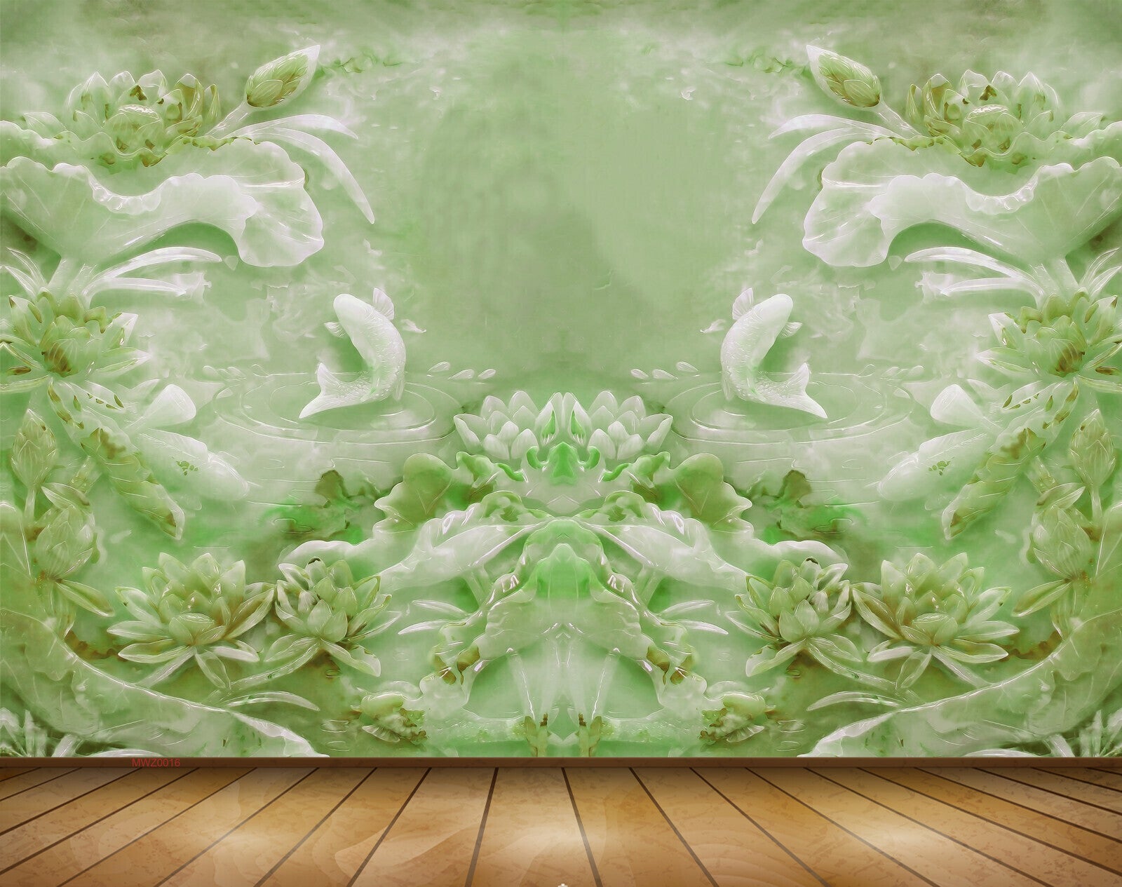 Avikalp MWZ0016 White Green Fishes Flowers 3D HD Wallpaper
