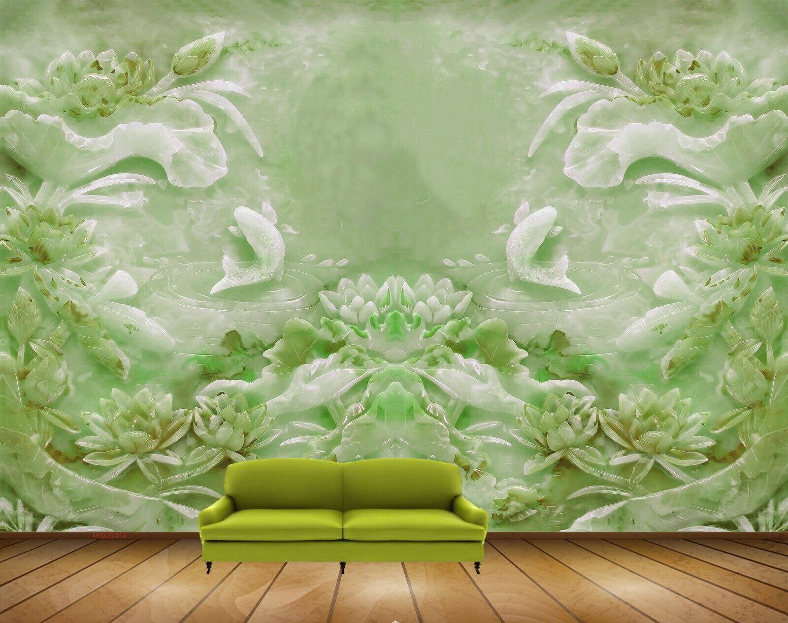 Avikalp MWZ0016 White Green Fishes Flowers 3D HD Wallpaper