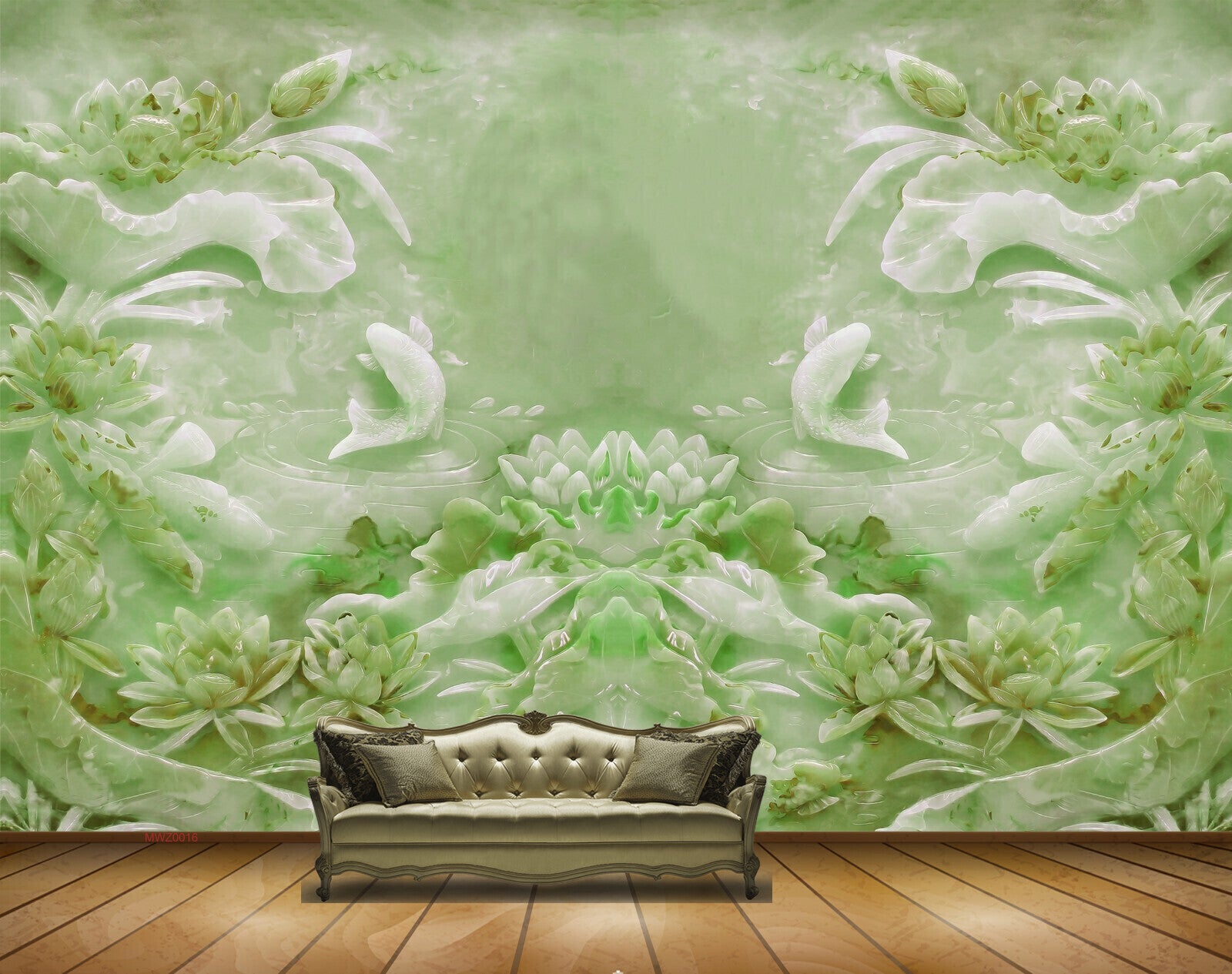 Avikalp MWZ0016 White Green Fishes Flowers 3D HD Wallpaper