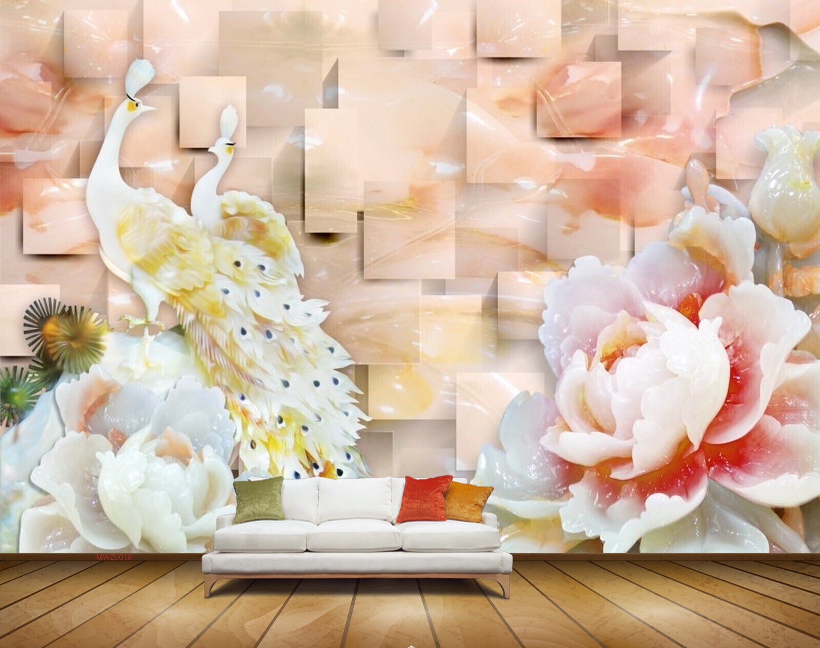 Avikalp MWZ0019 White Yellow Peacocks Pink Flowers 3D HD Wallpaper