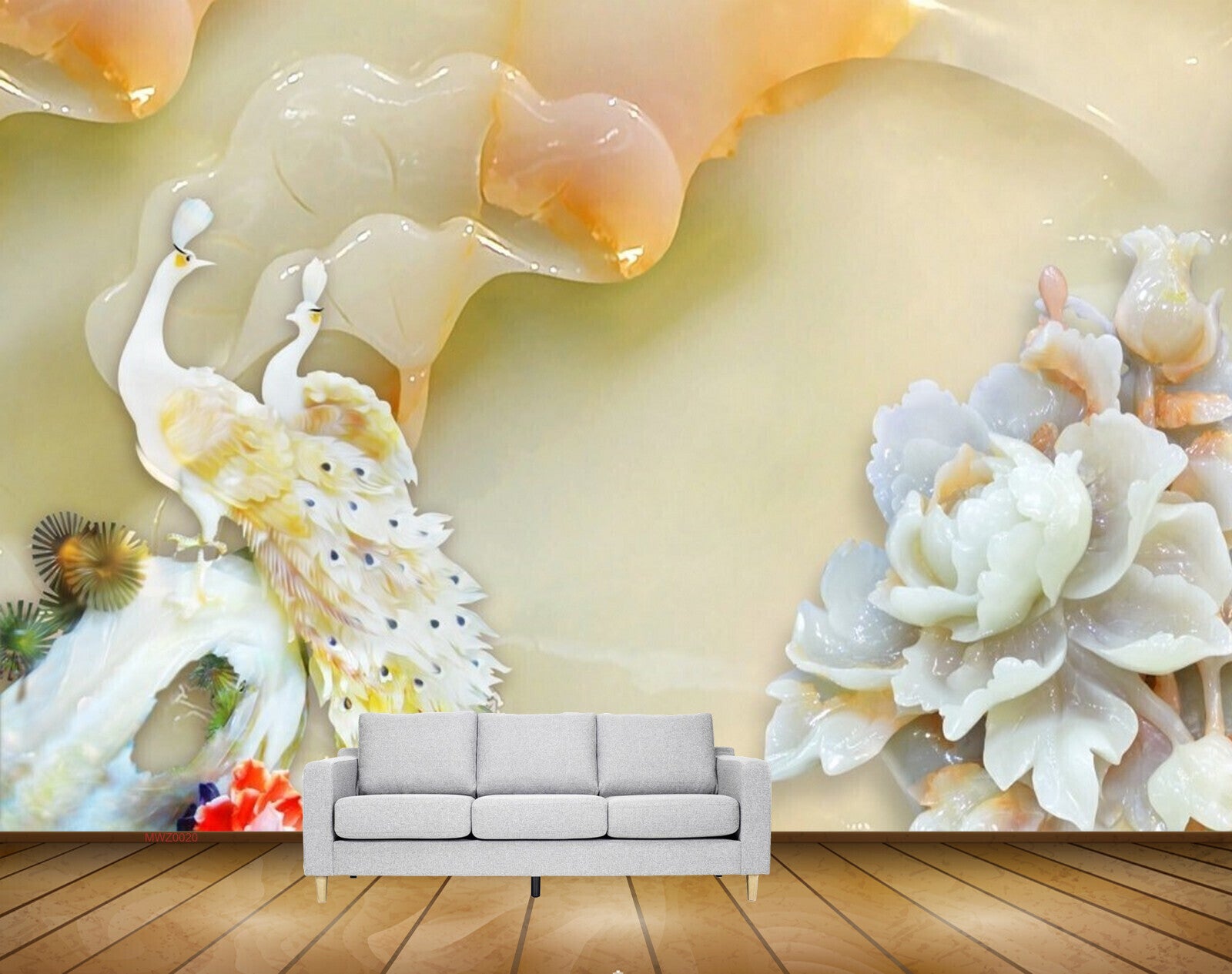 Avikalp MWZ0020 White Yellow Peacocks Flowers 3D HD Wallpaper