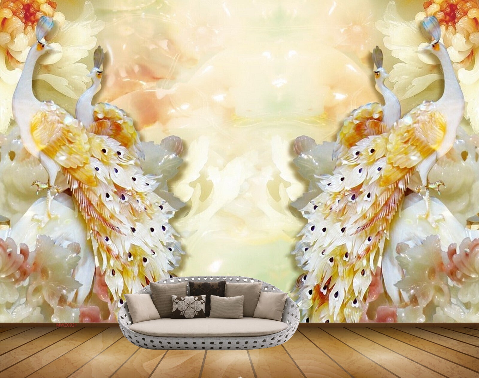 Avikalp MWZ0021 White Orange Peacocks Flowers 3D HD Wallpaper