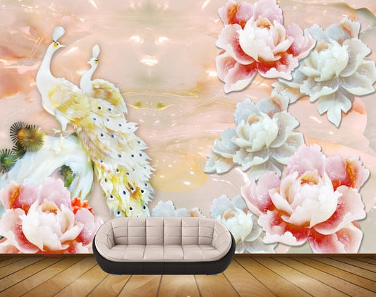 Avikalp MWZ0022 White Pink Flowers Peacocks HD Wallpaper