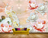 Avikalp MWZ0022 White Pink Flowers Peacocks 3D HD Wallpaper