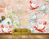 Avikalp MWZ0022 White Pink Flowers Peacocks 3D HD Wallpaper