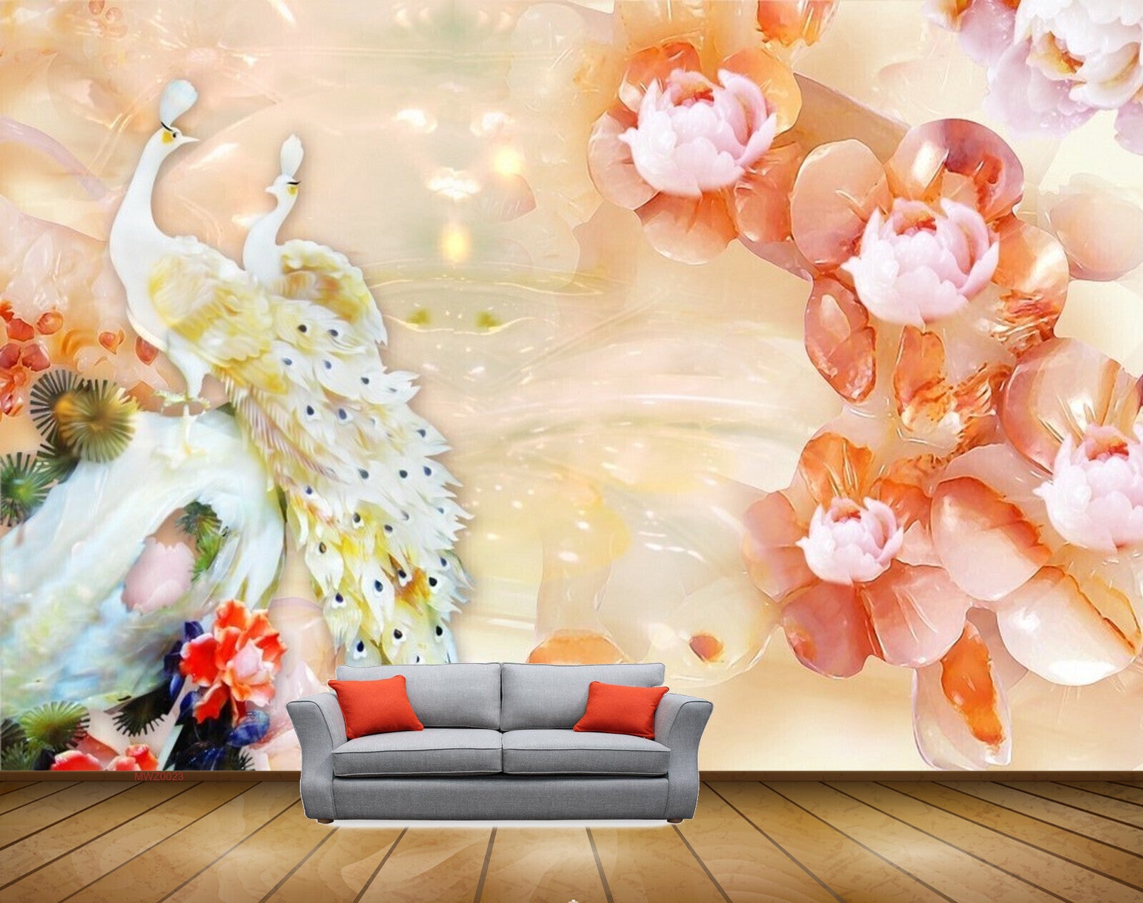 Avikalp MWZ0023 Peacocks Pink Orange Flowers 3D HD Wallpaper