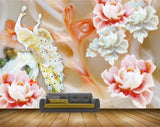 Avikalp MWZ0025 Peacocks White Pink Flowers 3D HD Wallpaper