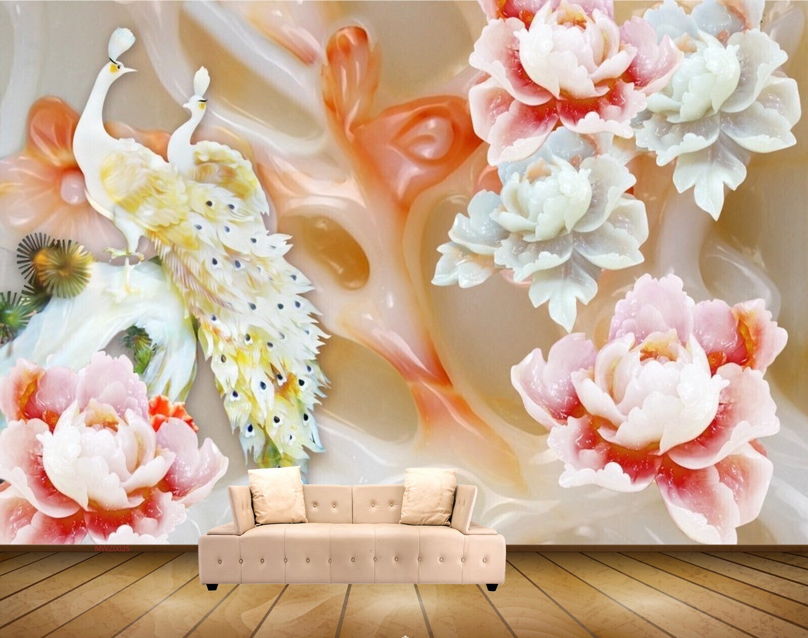 Avikalp MWZ0025 Peacocks White Pink Flowers 3D HD Wallpaper