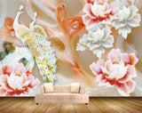 Avikalp MWZ0025 Peacocks White Pink Flowers 3D HD Wallpaper