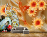 Avikalp MWZ0026 Peacocks Orange Flowers 3D HD Wallpaper