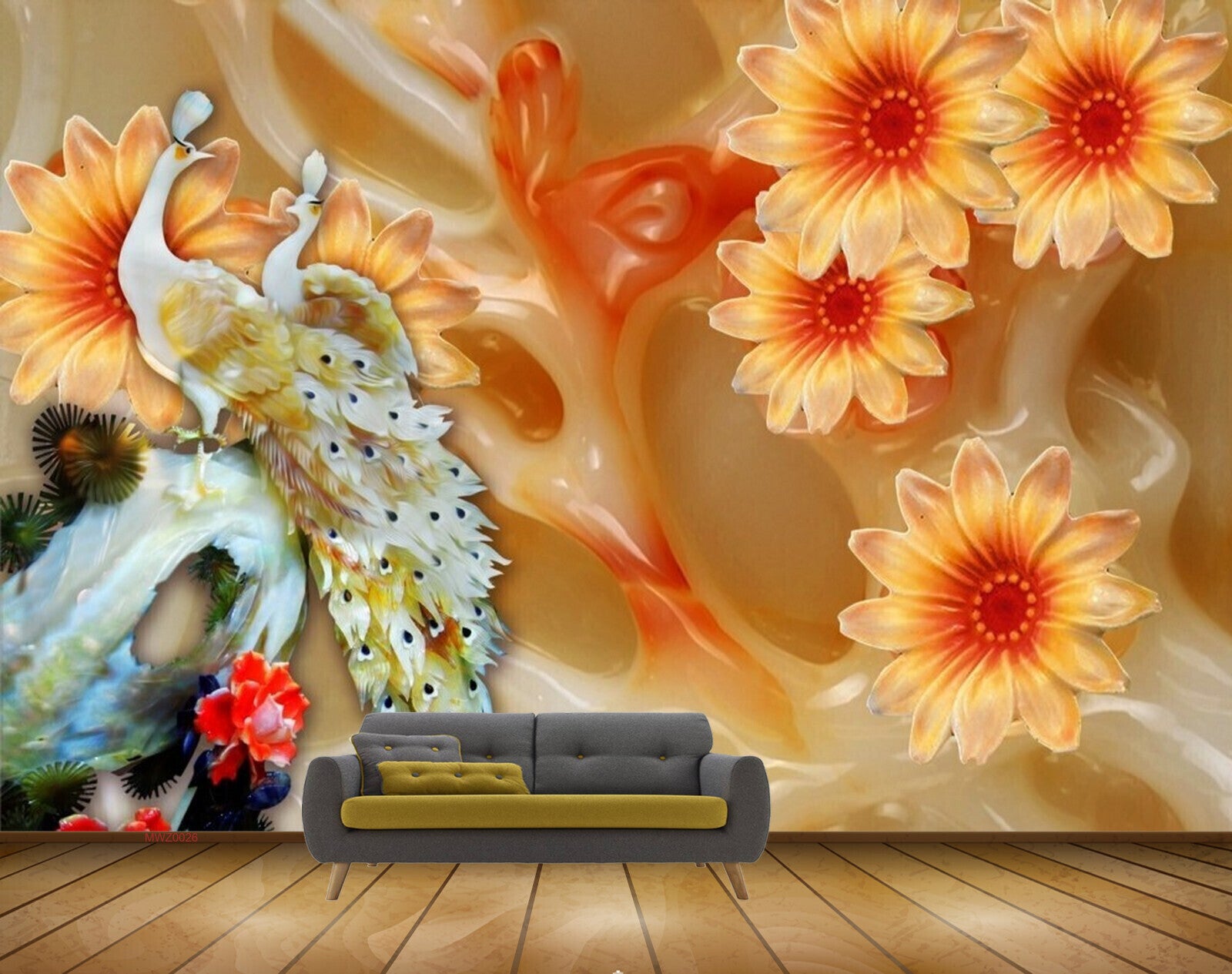 Avikalp MWZ0026 Peacocks Orange Flowers 3D HD Wallpaper
