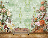 Avikalp MWZ0028 Peacocks Birds Orange Pink Flowers 3D HD Wallpaper