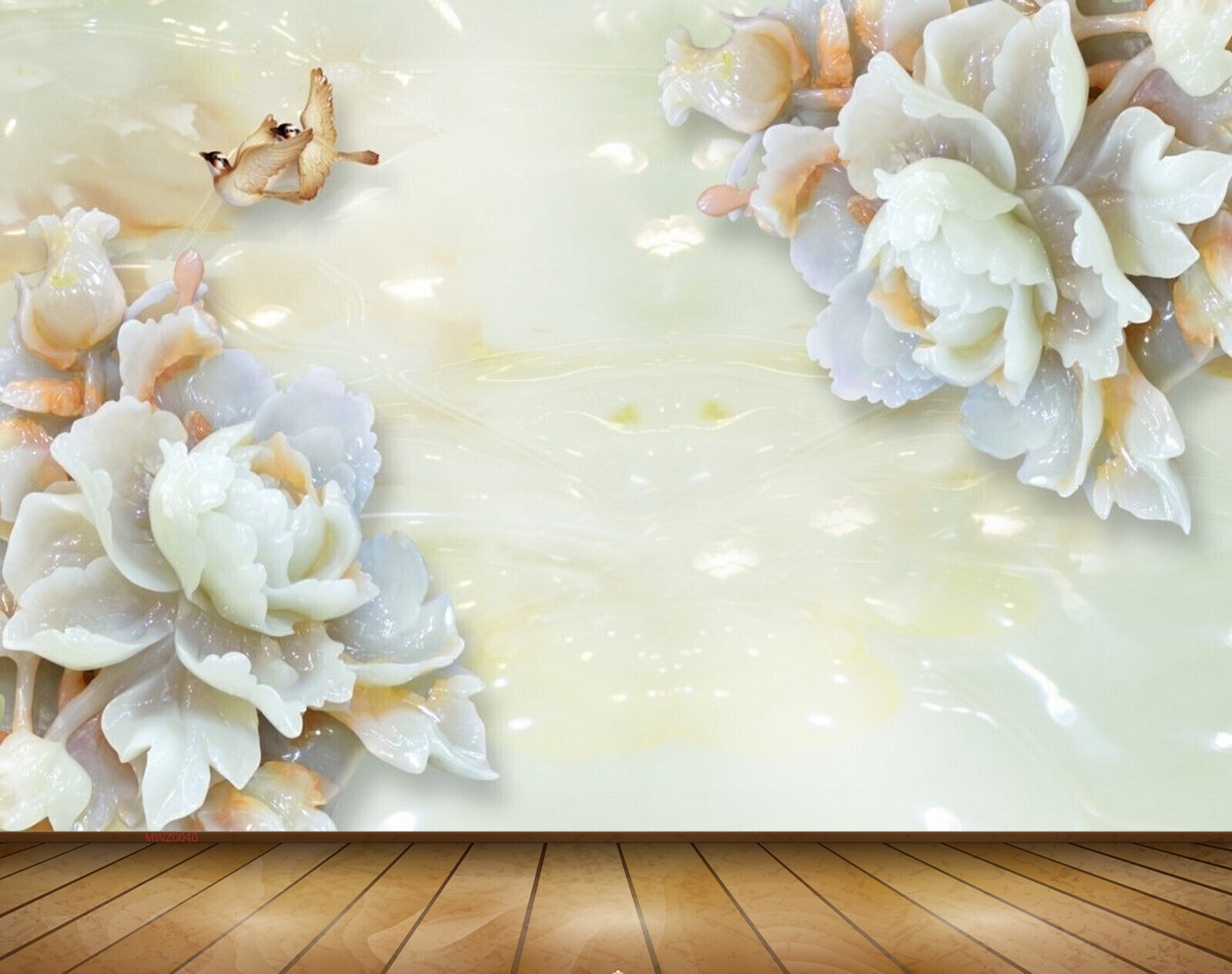 Avikalp MWZ0040 White Pink Flowers Birds 3D HD Wallpaper