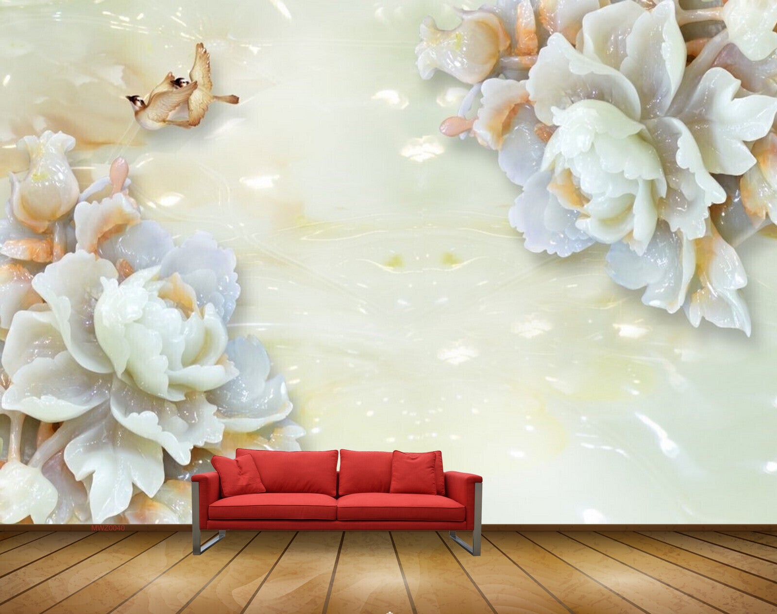 Avikalp MWZ0040 White Pink Flowers Birds 3D HD Wallpaper