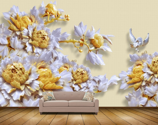 Avikalp MWZ0046 White Yellow Flowers Birds HD Wallpaper