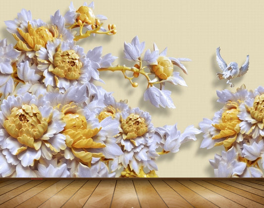 Avikalp MWZ0046 White Yellow Flowers Birds 3D HD Wallpaper