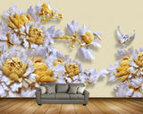 Avikalp MWZ0046 White Yellow Flowers Birds 3D HD Wallpaper
