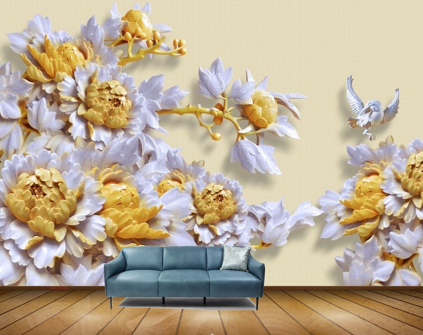 Avikalp MWZ0046 White Yellow Flowers Birds 3D HD Wallpaper