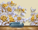Avikalp MWZ0046 White Yellow Flowers Birds 3D HD Wallpaper