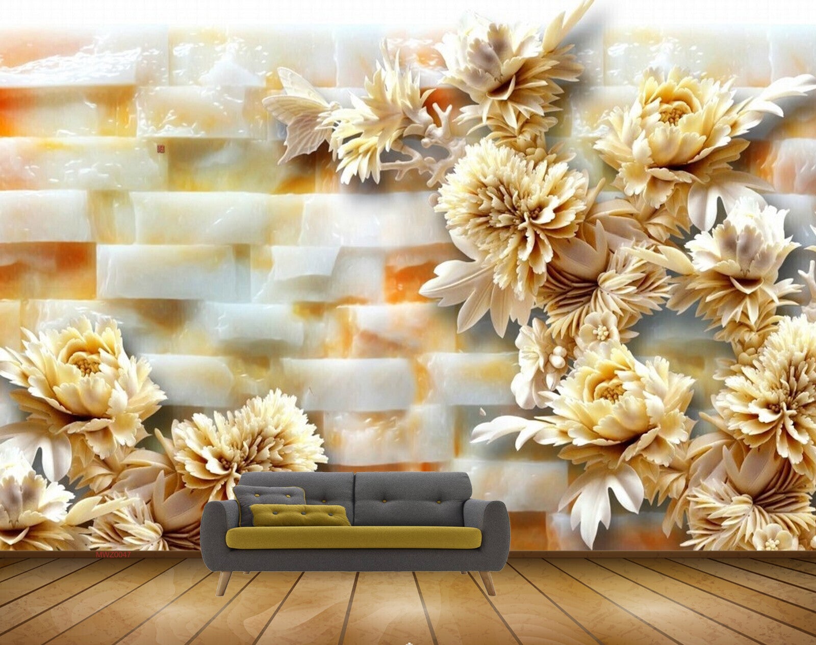 Avikalp MWZ0047 White Orange Flowers Butterflies 3D HD Wallpaper