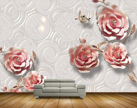 Avikalp MWZ0055 White Pink Flowers Birds HD Wallpaper