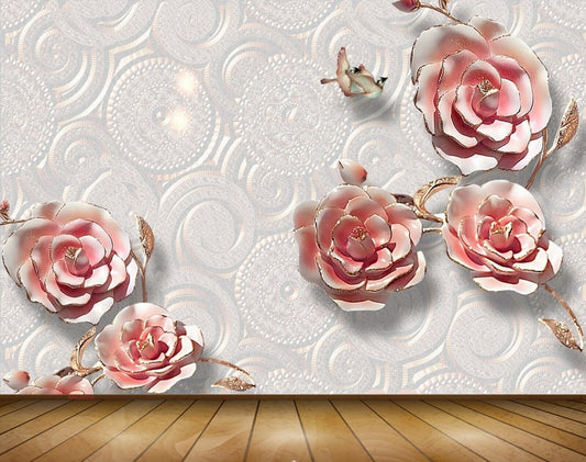 Avikalp MWZ0055 White Pink Flowers Birds 3D HD Wallpaper