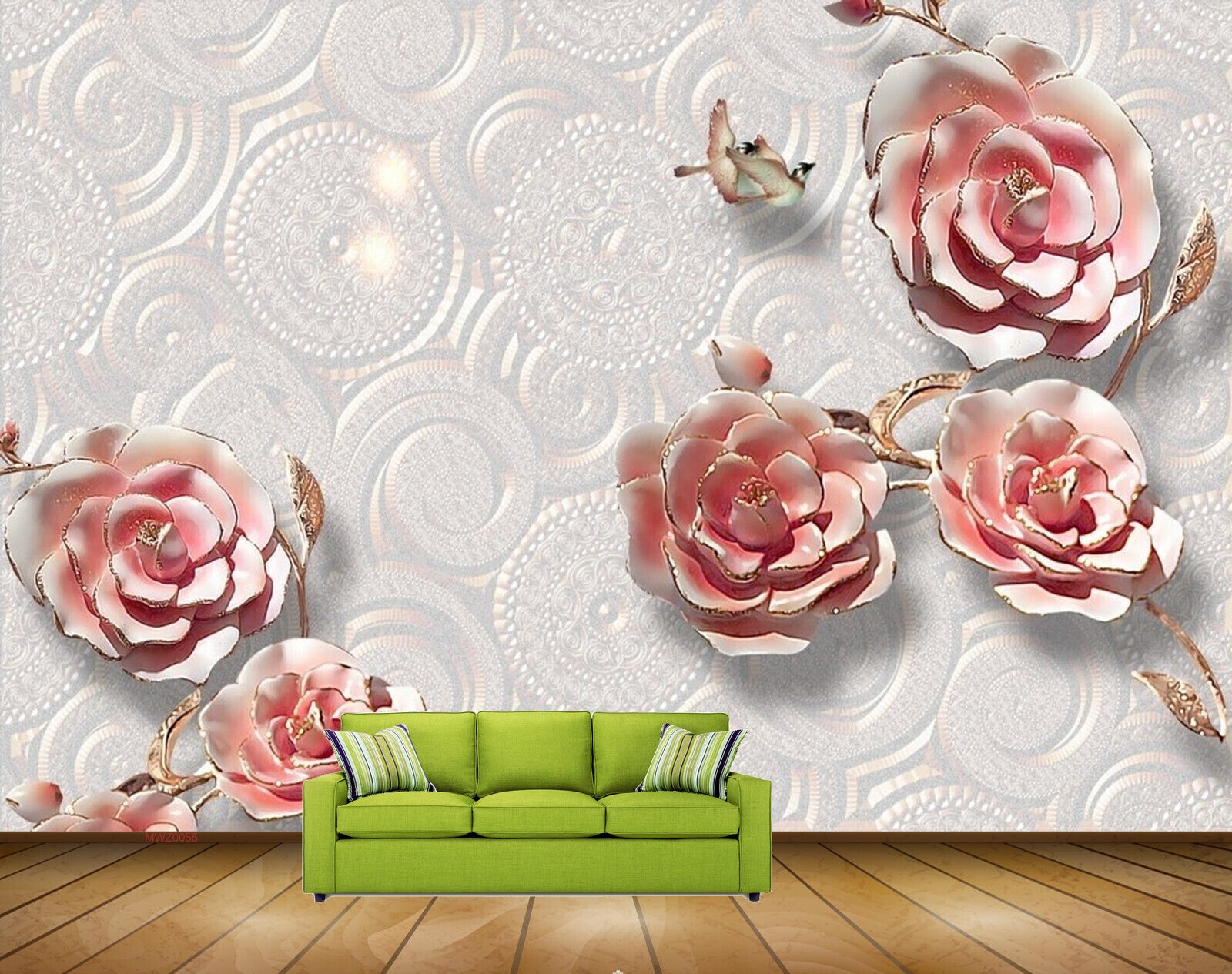 Avikalp MWZ0055 White Pink Flowers Birds 3D HD Wallpaper