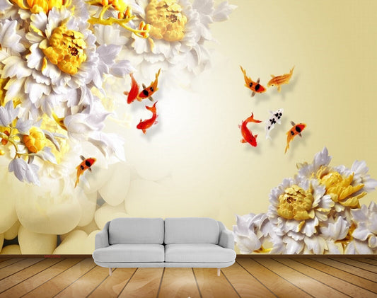 Avikalp MWZ0062 Yellow White Flowers Fishes HD Wallpaper