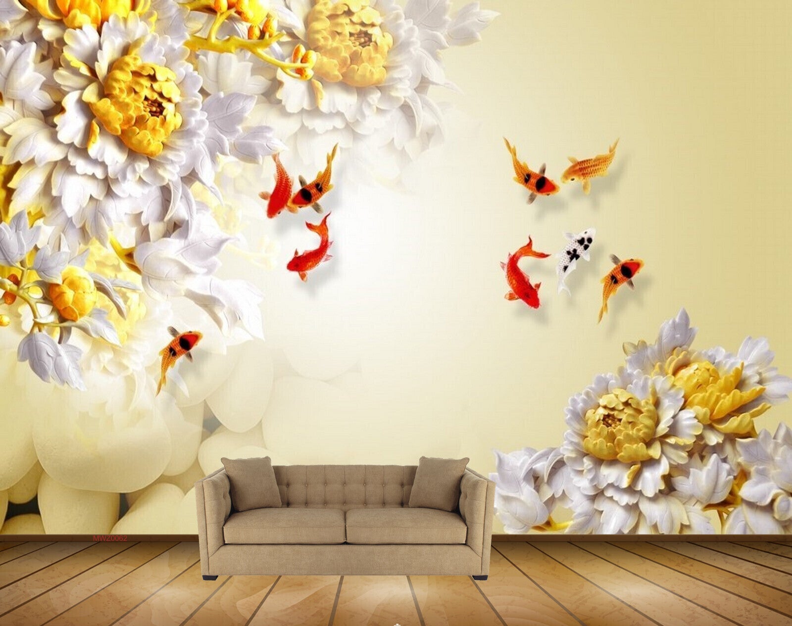 Avikalp MWZ0062 Yellow White Flowers Fishes 3D HD Wallpaper