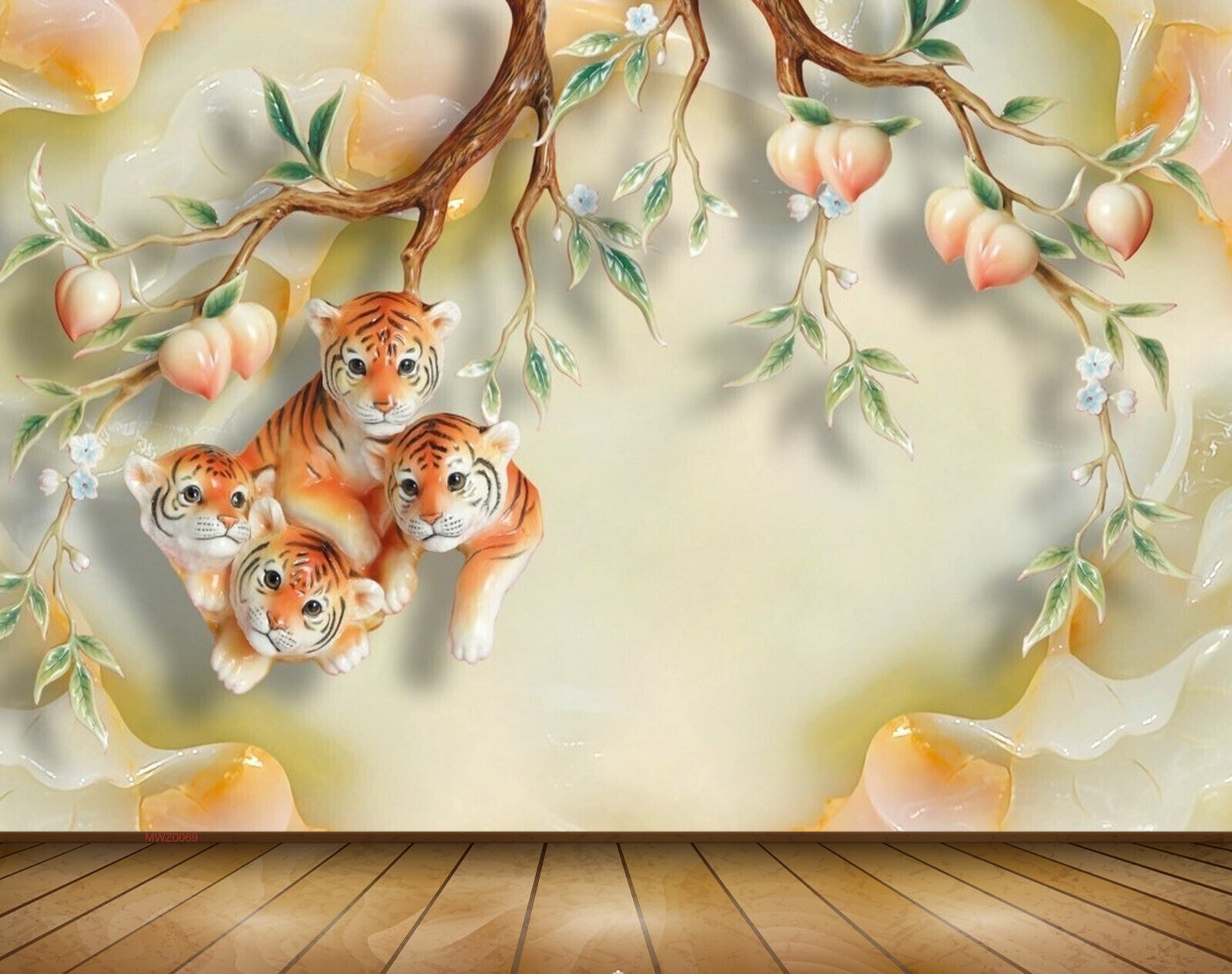 Avikalp MWZ0069 Tigers Branches Leaves Flowers 3D HD Wallpaper