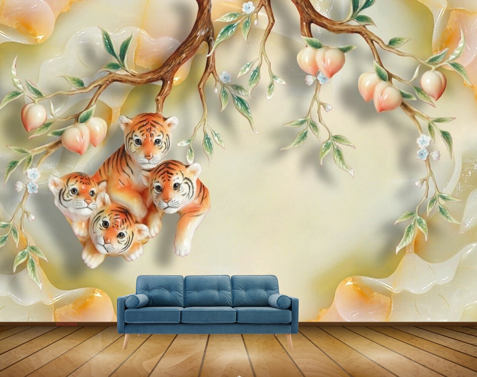 Avikalp MWZ0069 Tigers Branches Leaves Flowers 3D HD Wallpaper