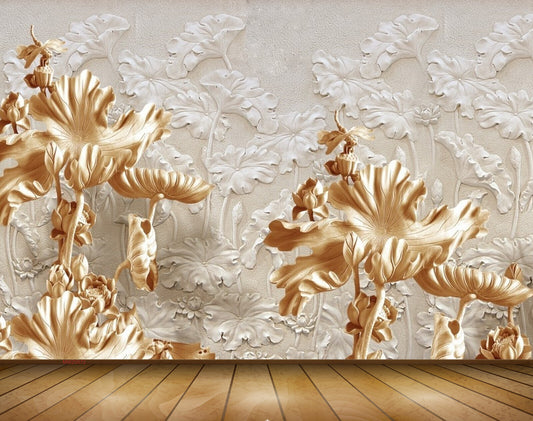 Avikalp MWZ0072 White Golden Flowers Leaves 3D HD Wallpaper
