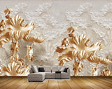 Avikalp MWZ0072 White Golden Flowers Leaves 3D HD Wallpaper