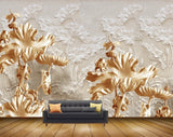 Avikalp MWZ0072 White Golden Flowers Leaves 3D HD Wallpaper