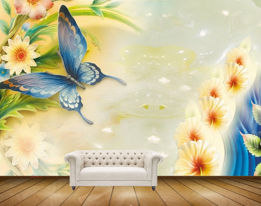 Avikalp MWZ0074 White Orange Flowers Blue Butterfly HD Wallpaper