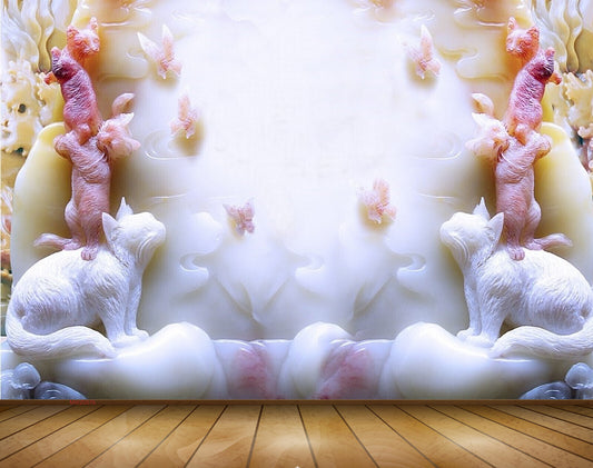 Avikalp MWZ0076 White Pink Cats Butterflies 3D HD Wallpaper