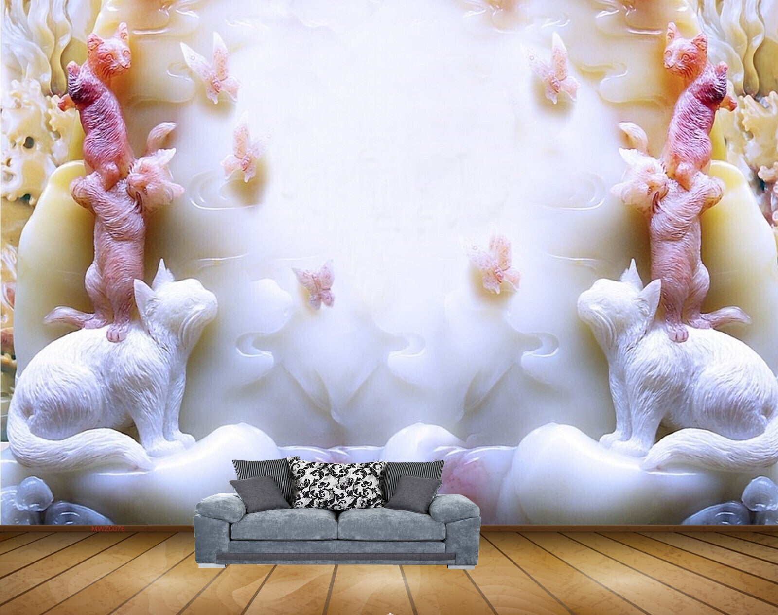 Avikalp MWZ0076 White Pink Cats Butterflies 3D HD Wallpaper