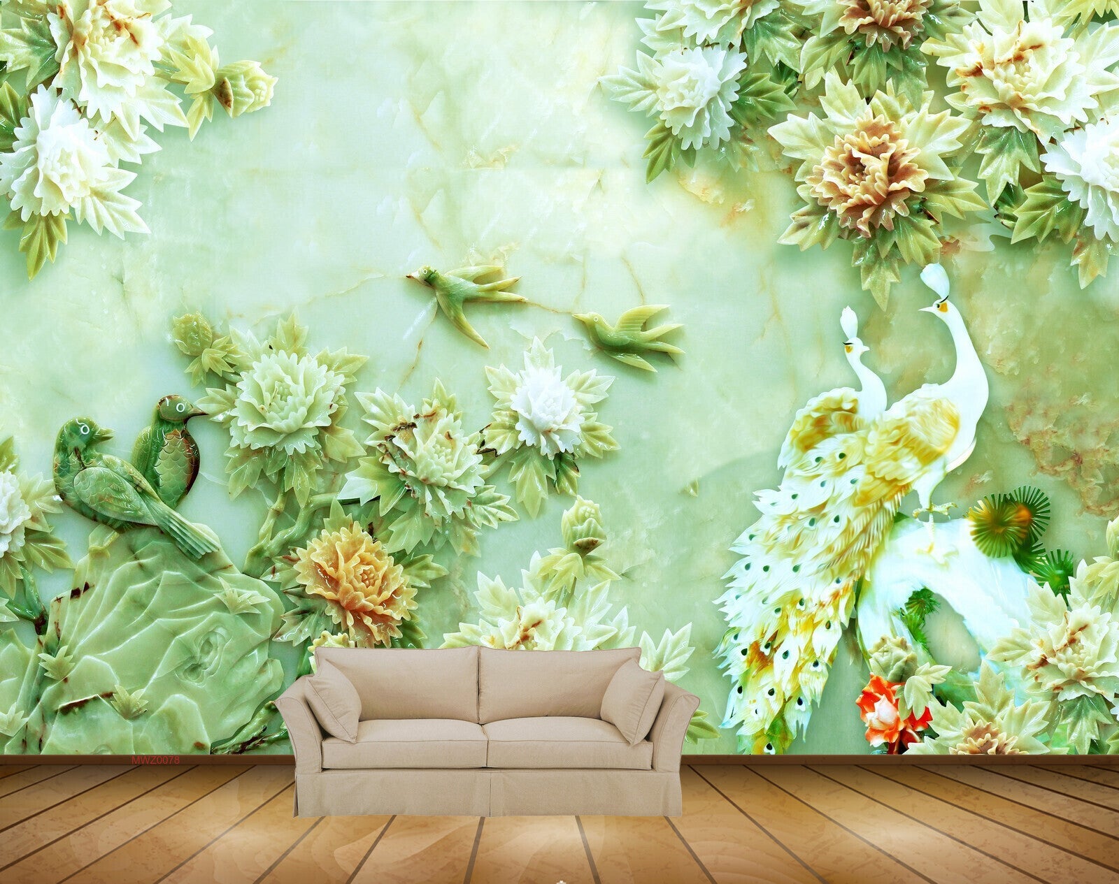 Avikalp MWZ0078 White Green Peacocks Birds Flowers HD Wallpaper