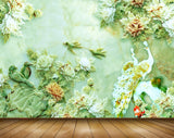 Avikalp MWZ0078 White Green Peacocks Birds Flowers 3D HD Wallpaper