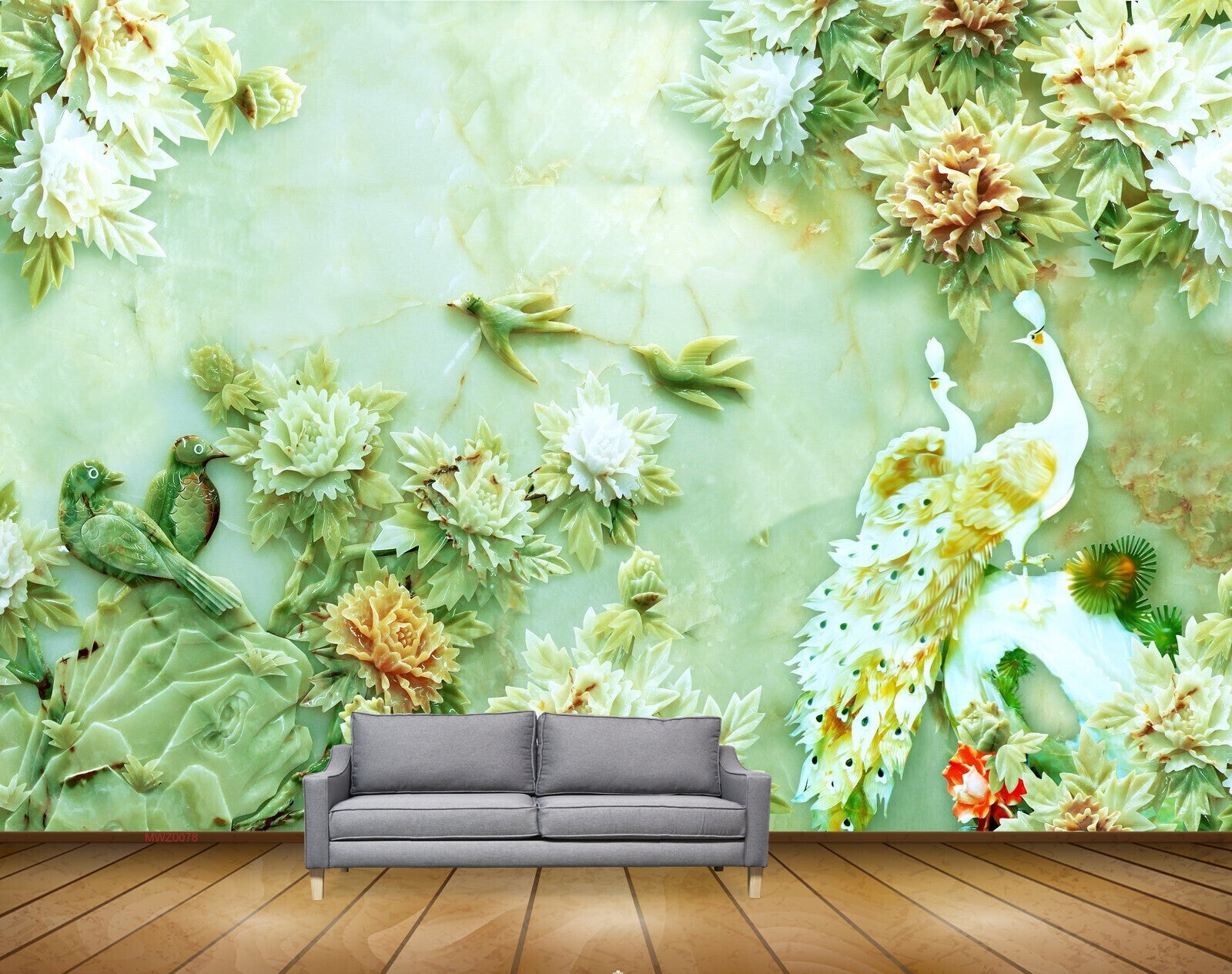 Avikalp MWZ0078 White Green Peacocks Birds Flowers 3D HD Wallpaper