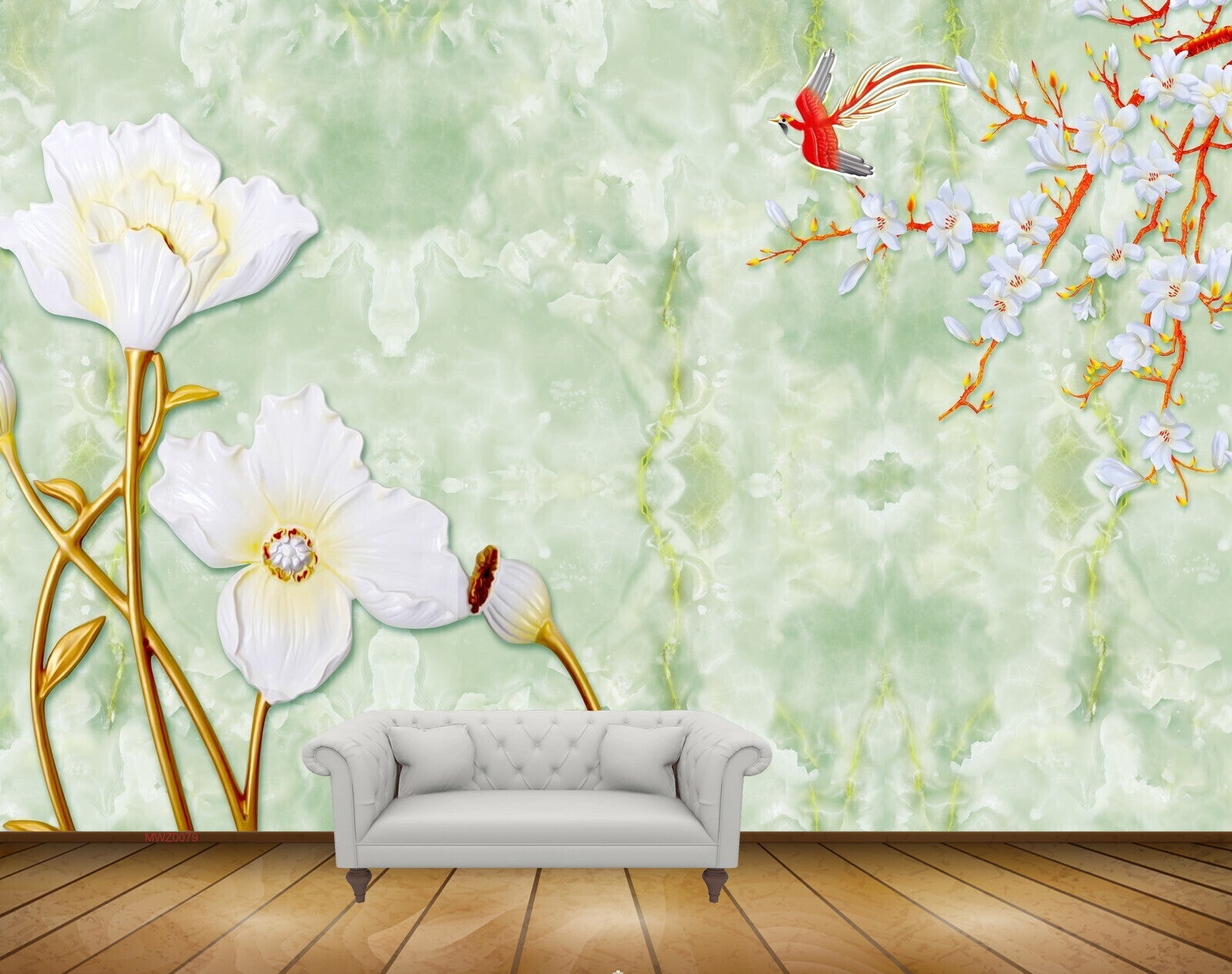 Avikalp MWZ0079 White Flowers Birds Creepers 3D HD Wallpaper