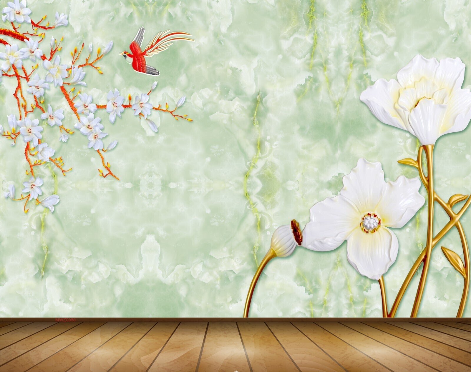 Avikalp MWZ0080 White Flowers Birds Creepers 3D HD Wallpaper