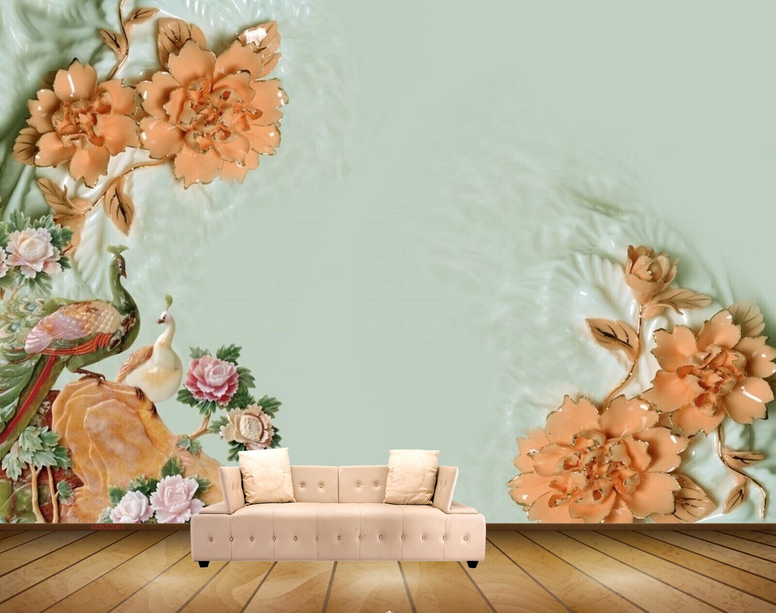 Avikalp MWZ0081 Pink Orange Flowers Peacocks 3D HD Wallpaper