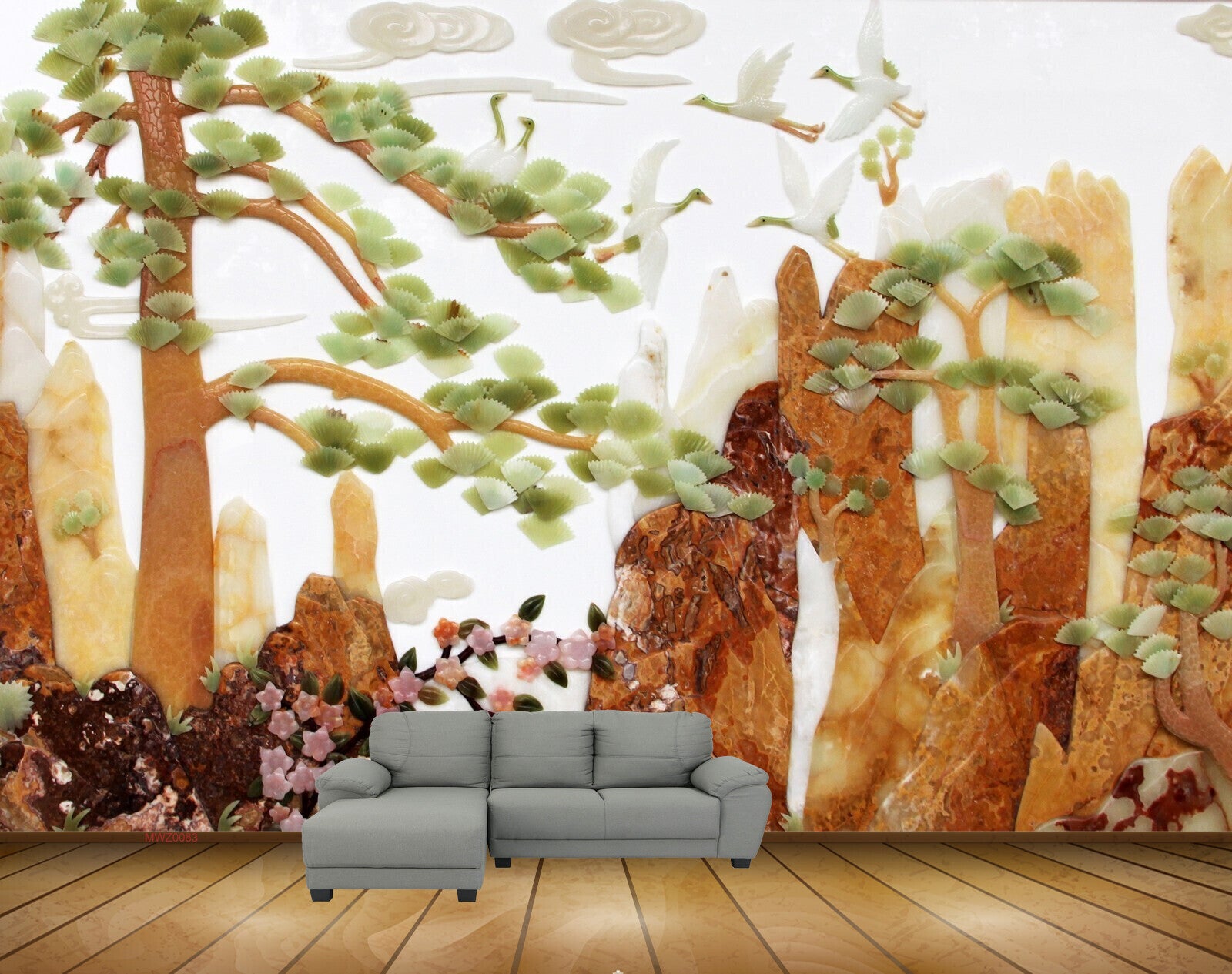 Avikalp MWZ0083 Trees Swans Birds Pink flowers HD Wallpaper