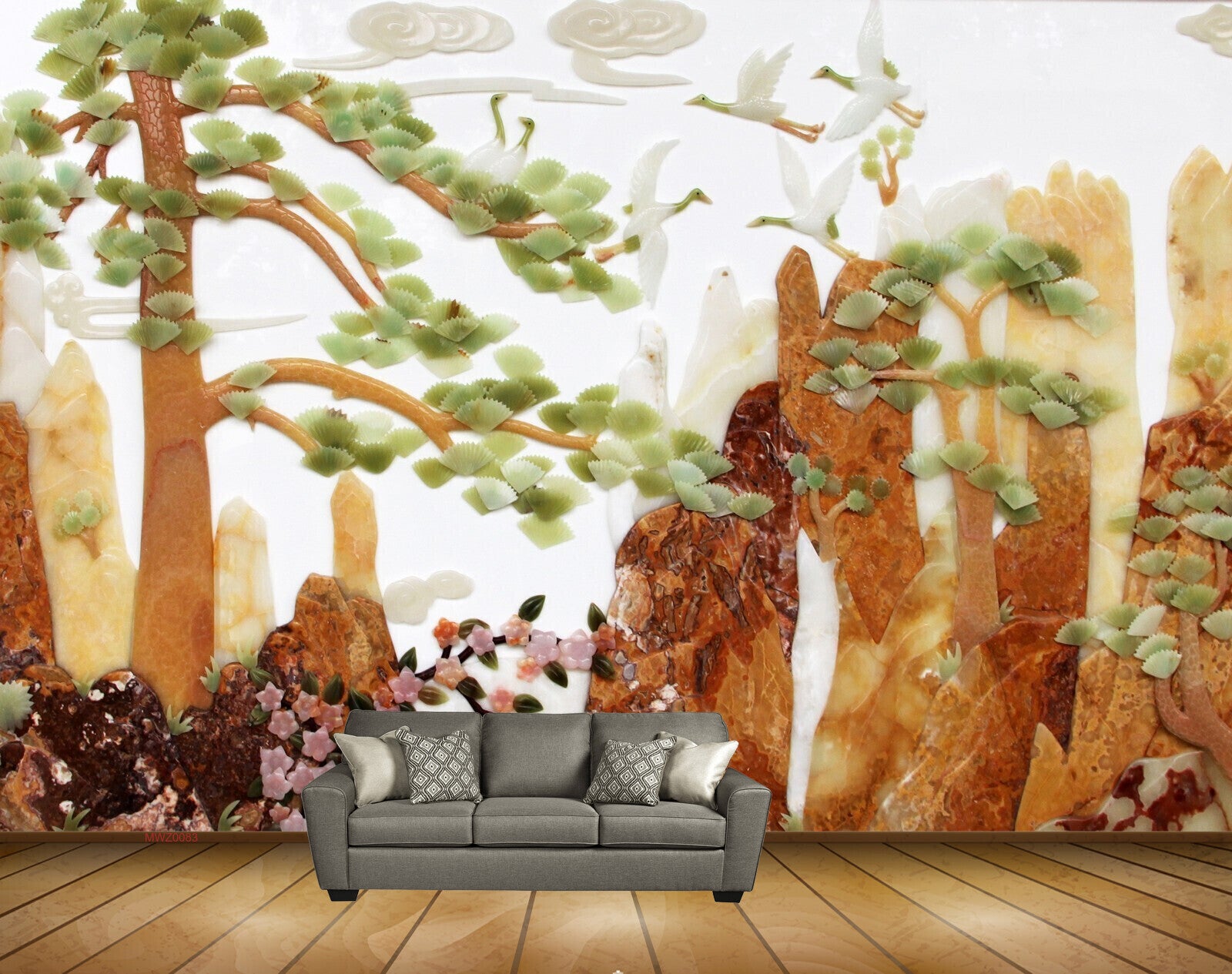 Avikalp MWZ0083 Trees Swans Birds Pink flowers 3D HD Wallpaper