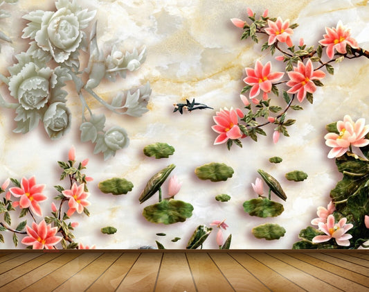 Avikalp MWZ0085 White Red Flowers Leaves 3D HD Wallpaper