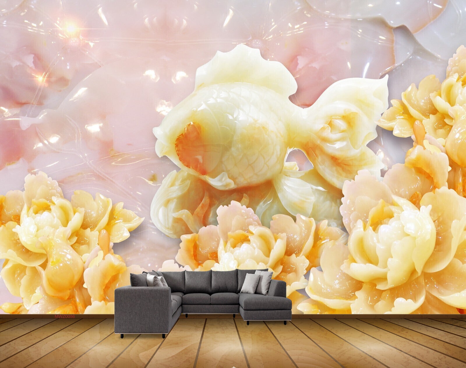 Avikalp MWZ0086 White Orange Flowers Fishes 3D HD Wallpaper