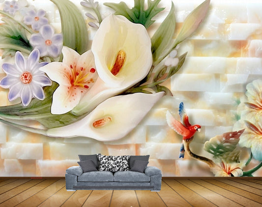 Avikalp MWZ0088 White Purple Tulips Flowers Birds HD Wallpaper