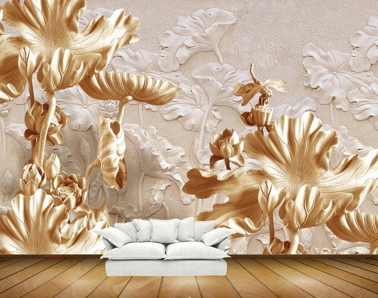 Avikalp MWZ0089 Golden White Flowers HD Wallpaper