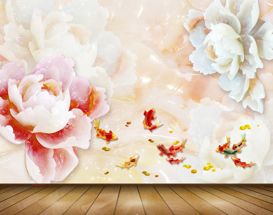 Avikalp MWZ0090 Red White Flowers Fishes 3D HD Wallpaper